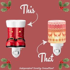 two red boots with christmas decorations on them and the words, this is what they are