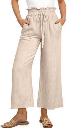 PRICES MAY VARY. Casual Linen Pants - US SIZE: S=US(4-6), M=US(8-10), L=US(12-14), XL=US(16-18), XXL=US(20-22), our palazzo pants feature a drawstring, elastic high waist, and relaxed style to flatter all body types. Occasion - This wide leg capri trousers suit for vacation, beach, travel, work, outdoor activity, home and lounge wear. They are so light weight,flowy,comy and stylish looking for any occasion. Featurs - Linen material, slouchy style, elastic draswtring hig wasited, 2 Side deep pock Womens Linen Pants, Khaki Linen Pants, Summer Linen Pants, Casual Linen Pants, Capri Trousers, Slouchy Style, Pants Summer, Travel Work, Linen Material