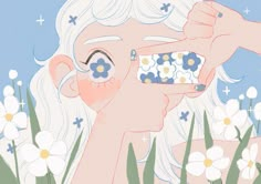 an illustration of a woman looking through a magnifying glass with daisies in the foreground