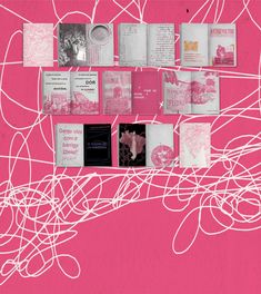 pink and white wallpaper with many different types of papers on it's side