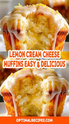 two lemon cream cheese muffins with icing on top and the words, lemon cream cheese muffins easy and delicious