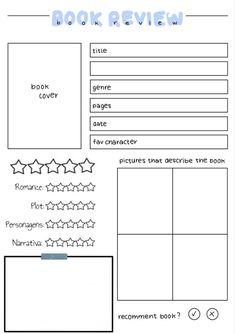 the book review worksheet is shown in blue and white with stars on it