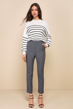 When you're not busy conquering the conference room, kick back in the Lulus Kick It Grey High-Waisted Trouser Pants! Sleek woven fabric constructs a high, banded waist, pleated accents, and diagonal front pockets. Relaxed pant legs taper at an ankle-length hem. Hidden side zipper/hook clasp. Fit: This garment fits true to size. Length: Ankle length. Size medium Inseam: 28.50 Front Rise: 12.50 Waist: Fitted - very fitted at natural waist. Hip: Fitted - consider sizing up for fuller hips. Fabric: Grey Dress Pants Outfit, Chinos Women Outfit, Ankle Pants Outfit, Slacks Outfit, Grey Pants Outfit, Conference Outfit, High Waisted Trouser Pants, Pants Outfit Work, Dress Pants Outfits