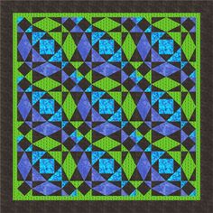 a blue and green quilt with an abstract design on the front, in shades of black