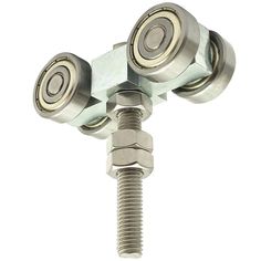 two ball bearing screws attached to the end of a metal bolt on a white background