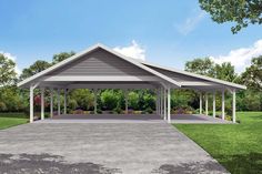 a rendering of a covered pavilion in the middle of a park with lots of trees