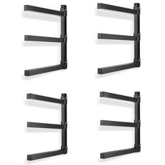 four black metal shelves with brackets on them