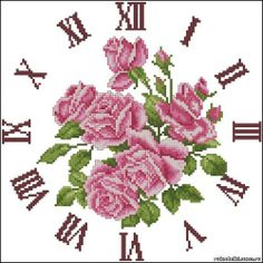 a cross stitch pattern with pink roses and roman numerals on the clock face