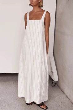 F00252124-103 Beach Dresses Summer Casual, A Line Maxi Dress, Long Linen Dress, Cami Maxi Dress, Leisure Fashion, Sling Dress, Loose Outfit, Casual Stripes, Daily Dress