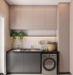 a washer and dryer in a small room with white tile flooring on the walls