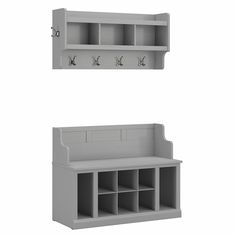 two shelves with hooks on the top and bottom, one in grey painted plastic material