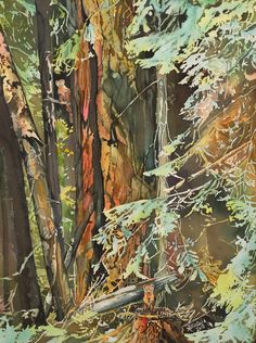 an oil painting of trees in the woods