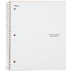 the five star spiral notebook is white and has black writing on it, which reads'five star '