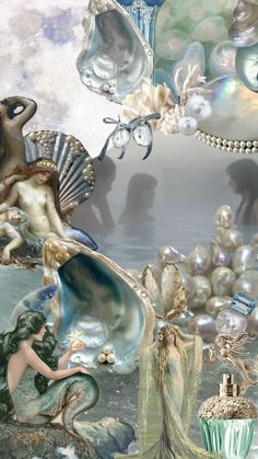 an image of mermaids and pearls in the water