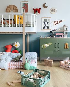 a child's bedroom with bunk beds, toys and other items on the floor