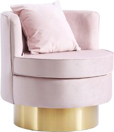 a pink chair with two pillows on top of it and a gold frame around the arm