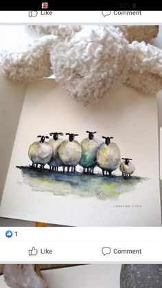 the sheep are lined up on top of each other in watercolor and pencils