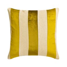 a yellow and white striped pillow on a white background