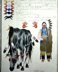 an old native american painting with two cows