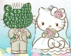 a hello kitty bride and groom with money in the backgrouf's head