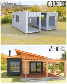 the before and after pictures of a small house made out of shipping containers are shown