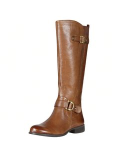 a woman's brown boot with buckles on the side