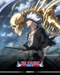 an anime character with long white hair and a skeleton in front of the image is looking at