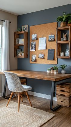 a home office with blue walls and wooden shelves