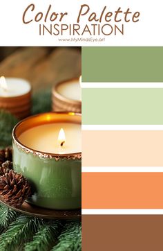 the color palette is green and has pine cones on it, along with two candles