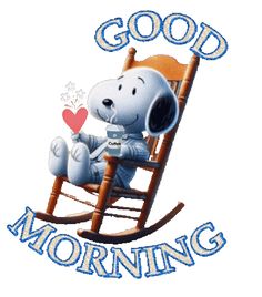 snoopy is sitting in a rocking chair with the words good morning