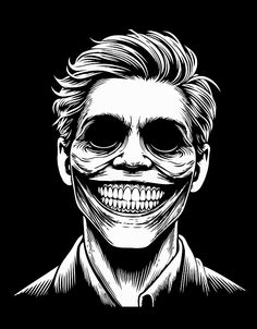 a black and white drawing of a man with his face painted like a skeleton, smiling