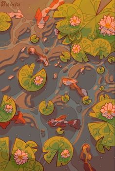 an image of water lilies and fish in the pond