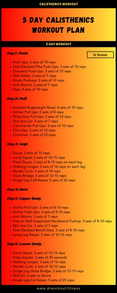 the 5 day calisthenics workout plan is shown in red, yellow and orange