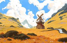 a painting of a windmill in the middle of a field with rocks, grass and flowers