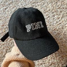 Pink Baseball Cap In Excellent Condition Like Brand New! Black Visor Hat With Letter Print, Black Flat Brim Baseball Cap, Black Baseball Cap For Spring, Black Dad Hat Baseball Cap For Spring, Casual Winter Snapback Hat With Visor, Trendy Winter Dad Hat, One Size, Casual Trucker Hat With Letter Print For Winter, Casual Winter Trucker Hat With Letter Print, Black Curved Bill Hat For Spring