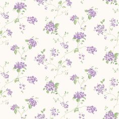 purple flowers and green leaves are on a white wallpaper with light pink background, which is very similar to the lilac flower pattern