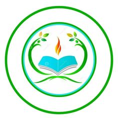 an open book with leaves on it and a flame coming out of the book logo