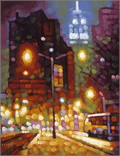 an oil painting of a city street at night with lights and buildings in the background