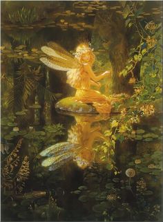 a painting of a fairy sitting on top of a lily pad in the water with her reflection