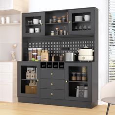 a kitchen with cabinets and shelves filled with spices, condiments and other items