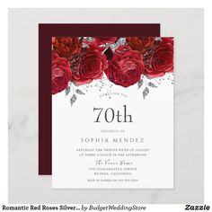 red roses and leaves are on the front of this elegant 90th birthday party card