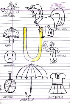 a drawing of an umbrella and other items on lined paper with the letter u in it