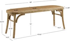 a wooden bench with measurements for the top and bottom part of it, including height