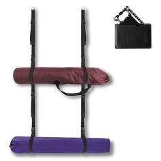 a purple and black yoga mat hanging on a wall next to a bag with a chain attached