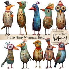 mixed media whimsical birds by art house