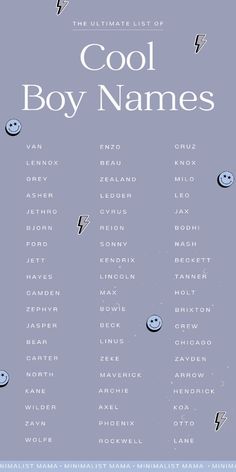 the ultimate list of cool boy names in blue and white with smiley faces on them