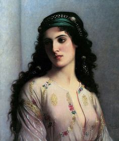 a painting of a woman with long hair wearing a white dress and green headband