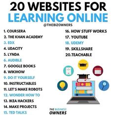 a poster with the words 20 web sites for learning online and how to use them