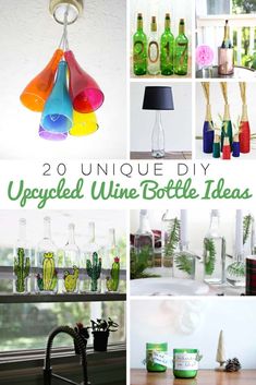 unique diy upcycled wine bottle ideas for the kitchen or living room with lots of color