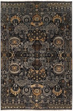 a black and gold rug with an intricate design